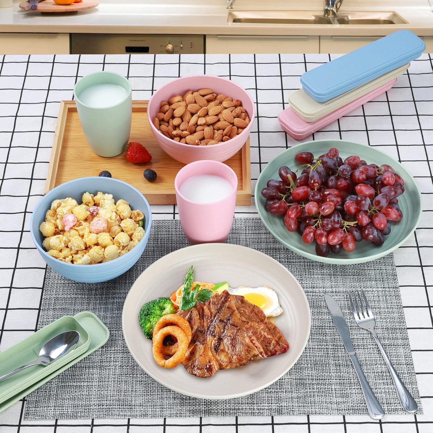 28PCS Kitchen Wheat Streaw Dinnerware Sets for 4, Wheat Straw Plates and Bowls Sets, College Dorm Kitchen Dinnerware Dishes Set Cutlery Set (Beige)