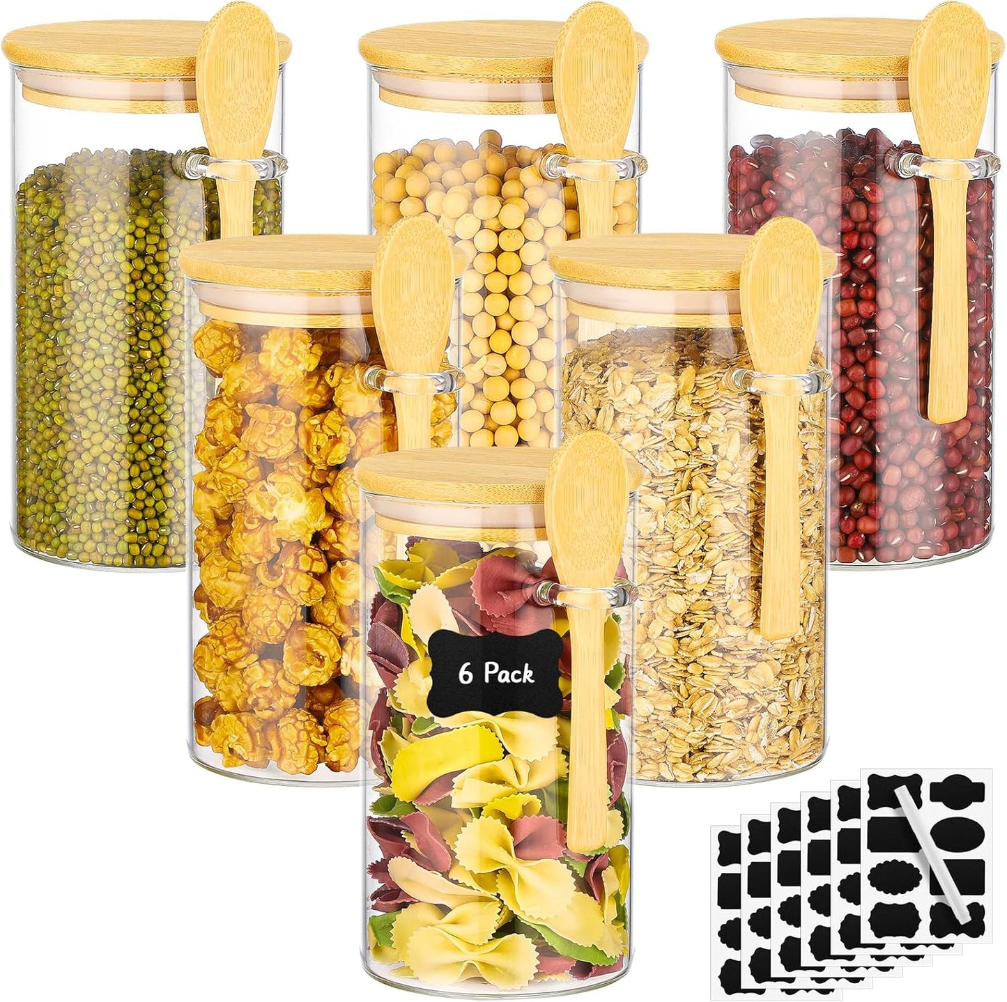 Glass Jars with Bamboo Lids and Spoon - 6 Pack 23 Fl.oz Glass Canisters Set with Airtight Lids, Labels and Marker, Loose Leaf Tea Jar Clear Pantry Storage Containers for Bean, Oats, Cereal