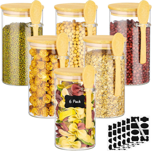 Glass Jars with Bamboo Lids and Spoon - 6 Pack 23 Fl.oz Glass Canisters Set with Airtight Lids, Labels and Marker, Loose Leaf Tea Jar Clear Pantry Storage Containers for Bean, Oats, Cereal