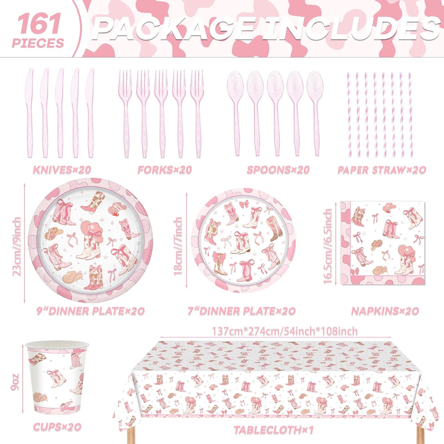 Pink Bow Cowgirl Party Dinnerware Kit for Girls - 20 Guests All-in-One, Bow Cowgirl Decorations, Coquette Birthday Supplies Plates Cutlery Napkins Cups Tablecloth for Western Baby Shower Bachelor