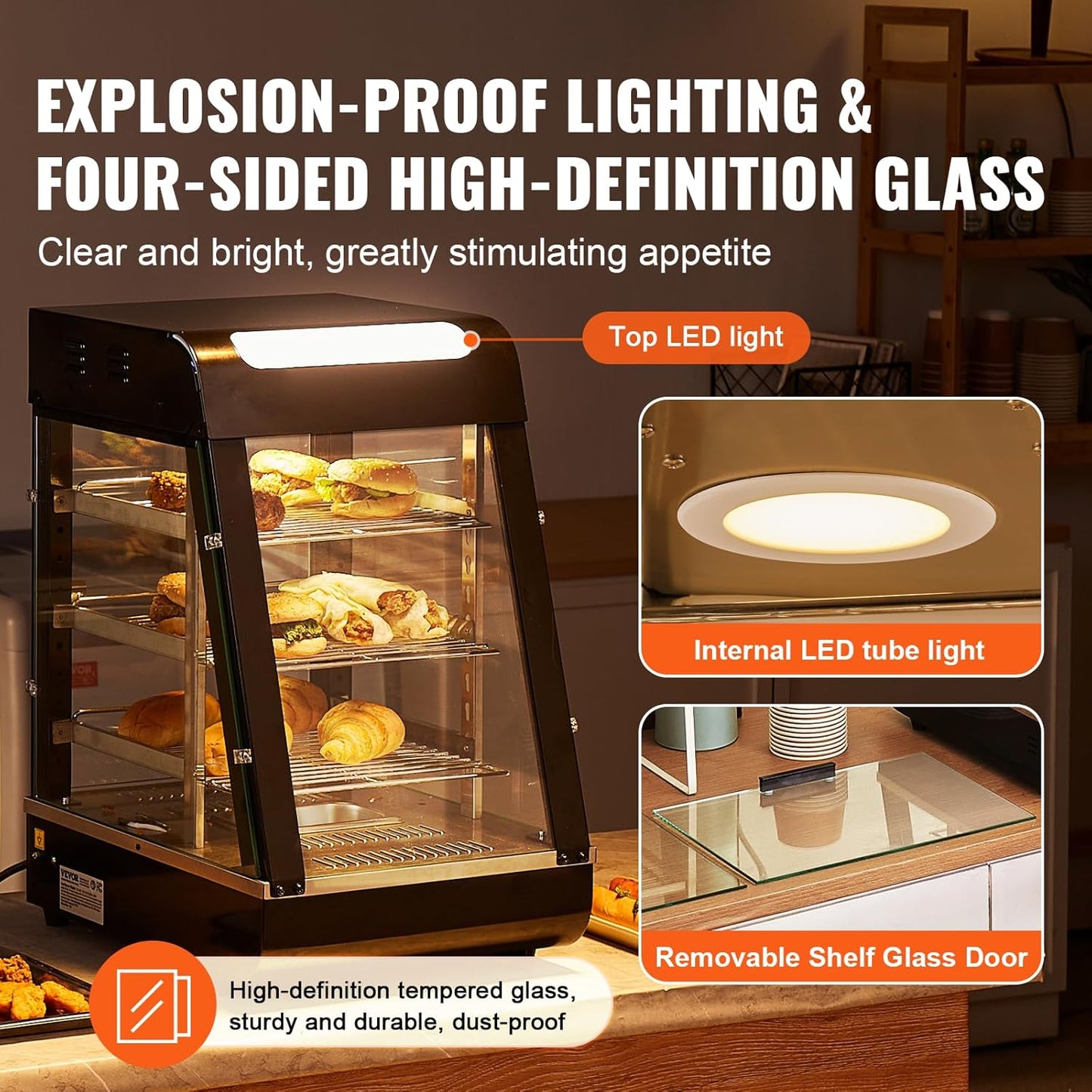 VEVOR 3-Tier Commercial Food Warmer Display, 1000W Food Display Warmer with Light, Adjustable Shelf and Temperature Display, 86℉~185℉ Steam Heating, 57L for Hamburger, Pizza, Bread, Fried Chicken