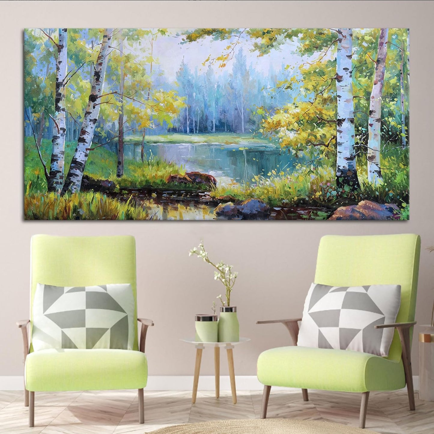 YCPRIMER Birch Tree Wall Art for Living Room Forest Wall Decor Green Trees Picture Lake Forest Landscape Painting Home Bedroom Decoration Green and White Artwork Decor Size 29×58Inch
