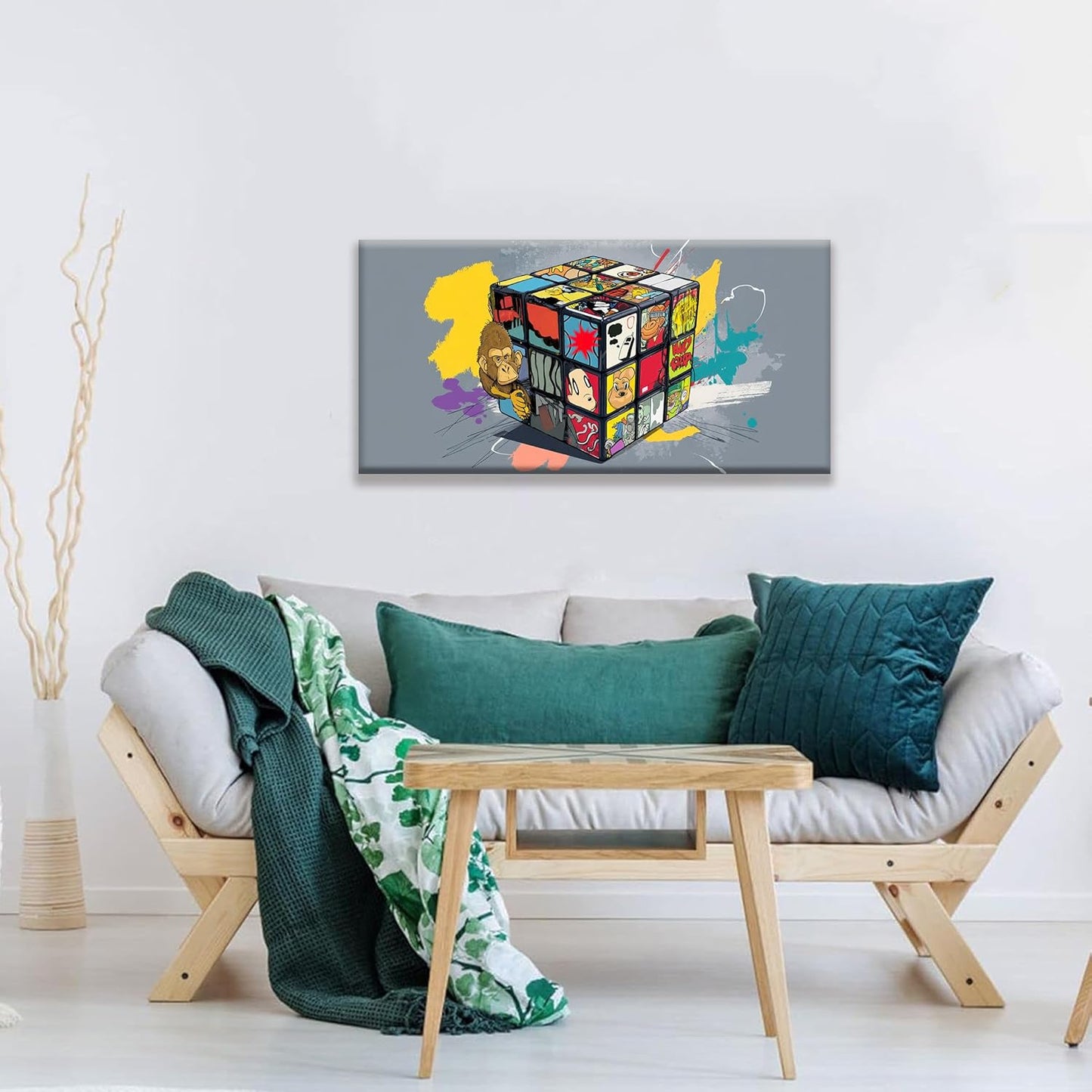 Abstract Wall Art Modern Abstract Wall Decor Multicolor Graffiti Cube Canvas Art Wall Decor Painting Picture For Bedroom Office Home Wall Decoration Artwork 20"X 40"Ready To Hang