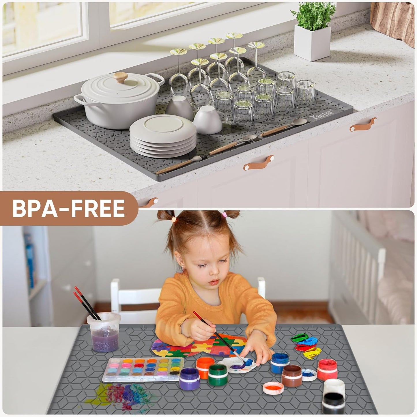 BALEINE 34''×22'' Under Sink Mat, Waterproof Food Grade Silicone Undersink Mat, Cabinet Shelf Drip Tray, Under Sink Liner for Kitchen, Bathroom (Grey)