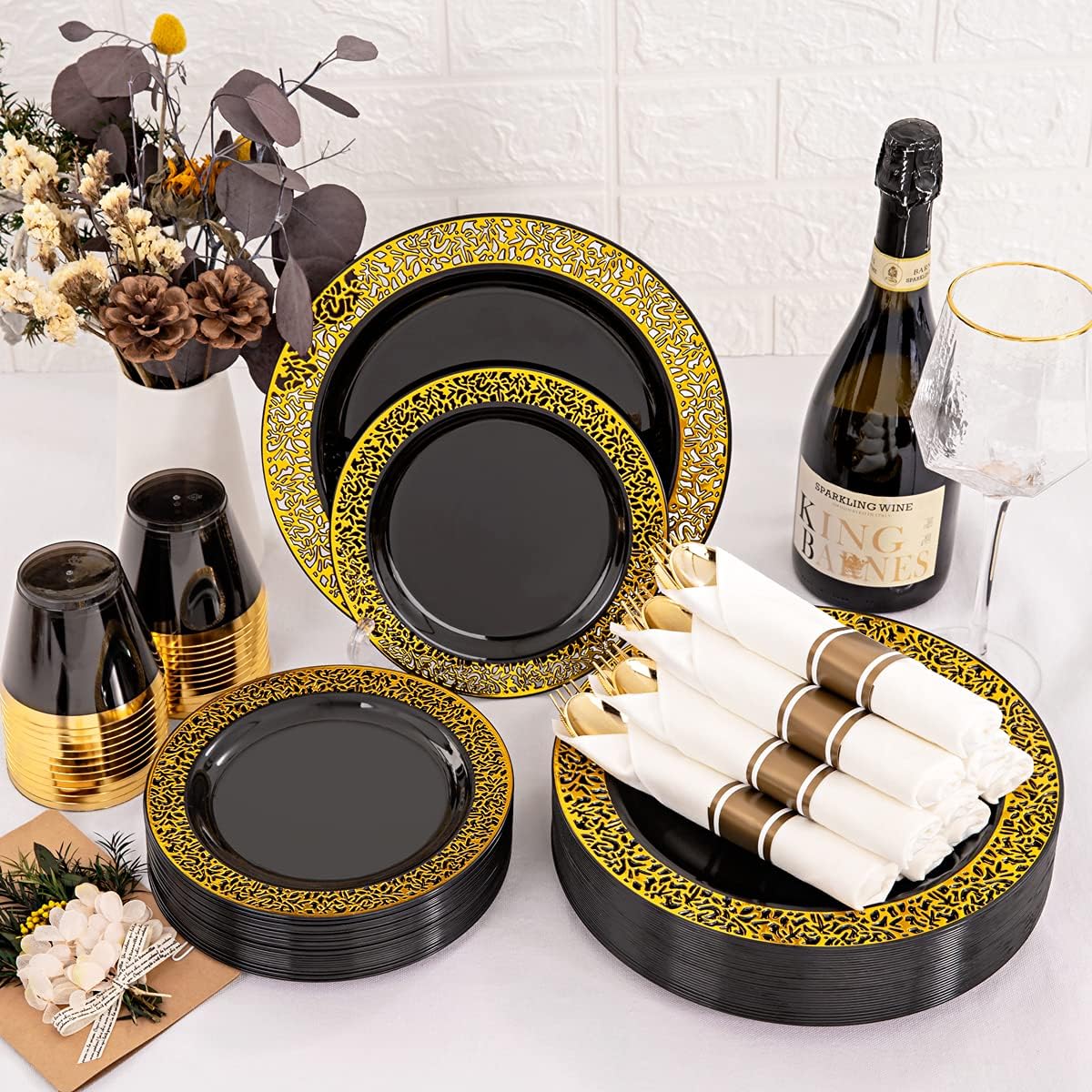 NOCCUR 210pcs Black and Gold Dinnerware Set - Black Disposable Plates and Napkins Party Supplies Include 60 Dinner/Dessert Plates, 30 Prerolled Plastic Cutlery&30 Cups for Party, Birthday, Halloween