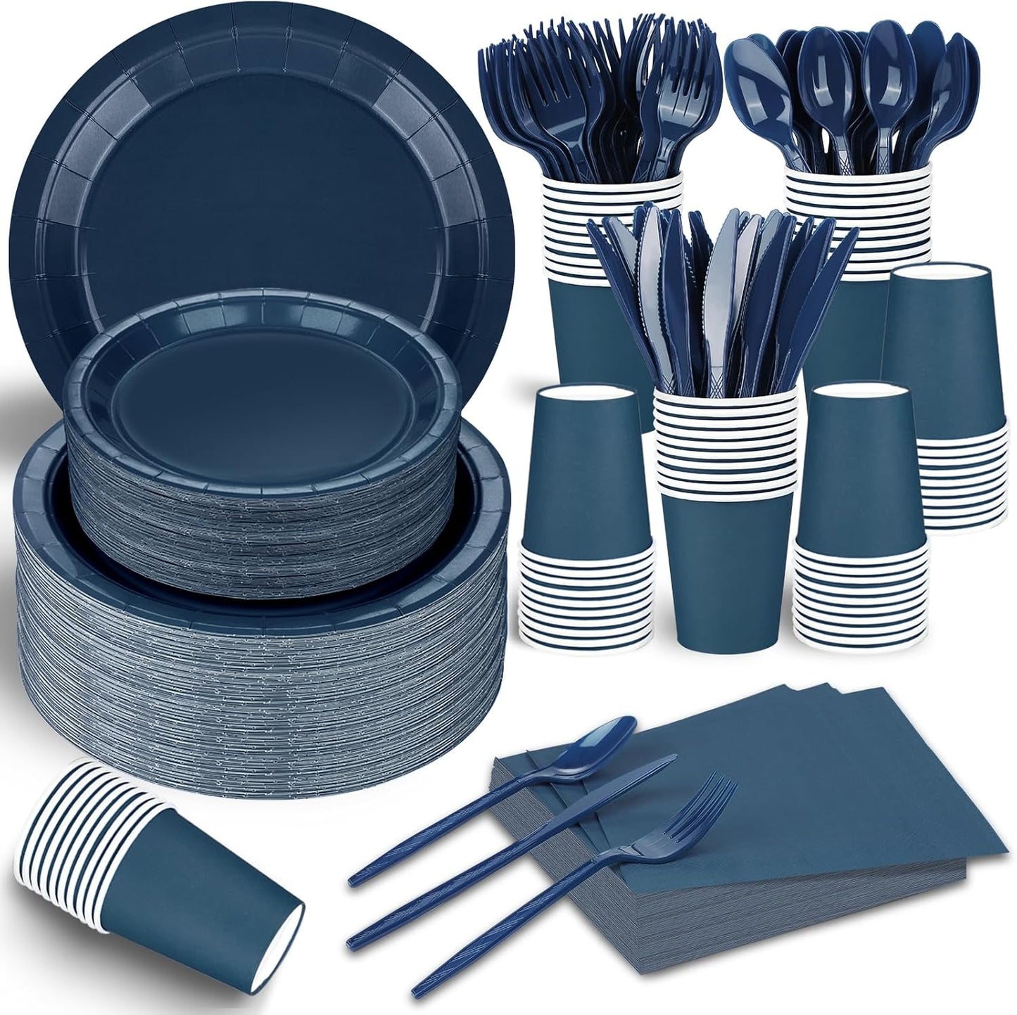 TWOWYHI 228PCS Navy Blue Party Supplies Set Include Paper Plates Cups Paper Napkins Plastic Spoons Forks Knives for 30 Guests Disposable Party Dinnerware for Birthday Wedding Family Picnic