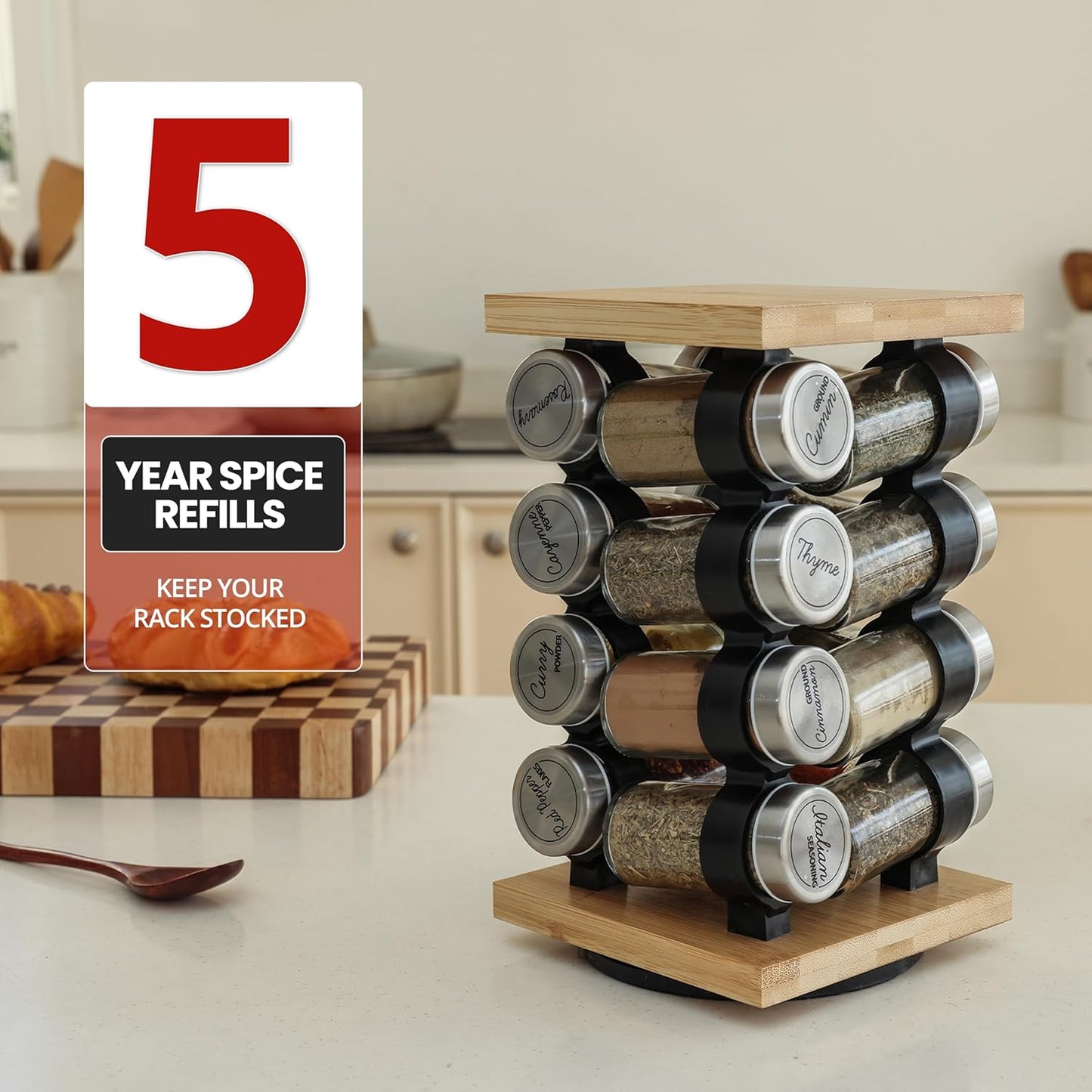 Orii 16-Jar Rotating Spice Rack with Spices Included – Pre-Filled Spice Racks with 5-Year Refill Program - Flavorful Spices