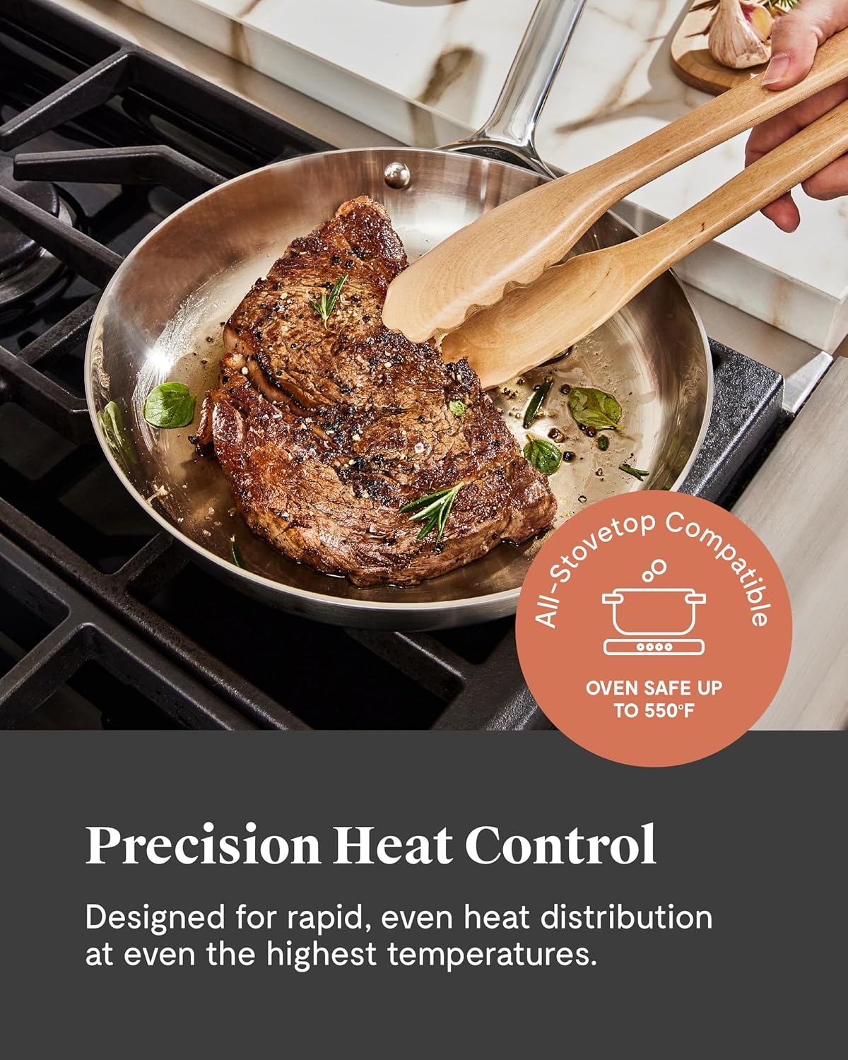 Caraway Stainless Steel Fry Pan (2.7 qt, 10.5") - 5-Ply Stainless Steel Pan - Oven Safe & Stovetop Agnostic - Non Toxic, PTFE & PFOA Free