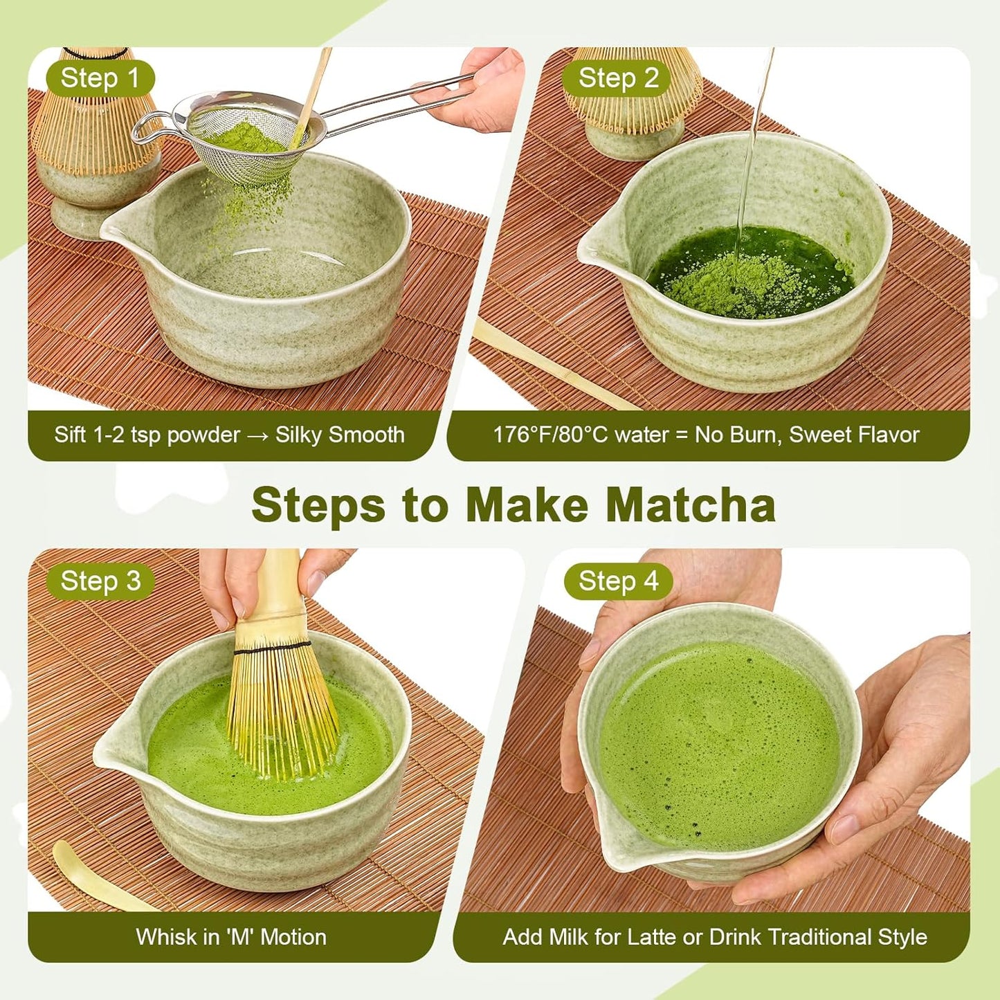 Matcha Set, 5 Pcs Matcha Whisk Set Includes Ceramic Matcha Bowl with Spout, Bamboo Matcha Whisk Chasen, Holder,Scoop,Sifter, Matcha Kit for Making Breakfast & Latte, Gift for beginners(Green)