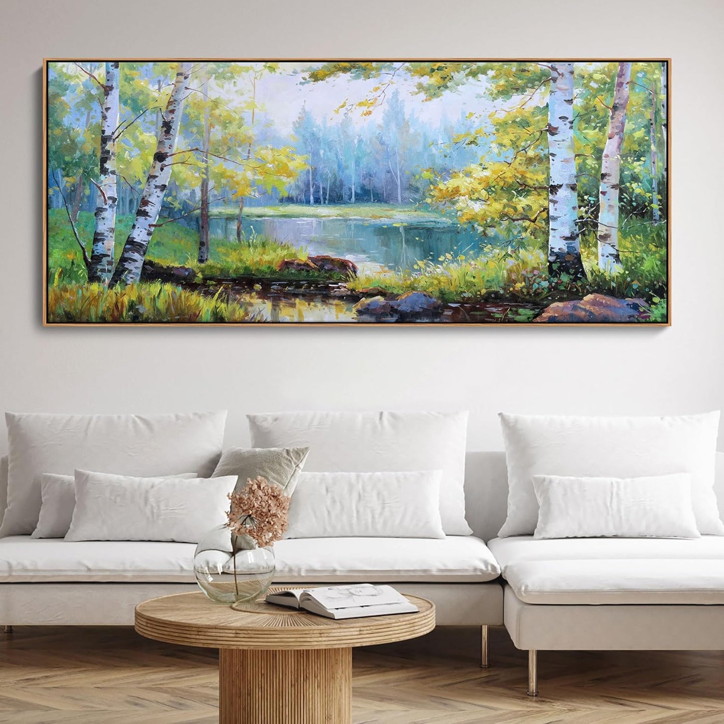 YCPRIMER Extra Large Forest Wall Art Green Trees Picture for Living Room Birch Tree Painting for Living Room Bedroom Decoration Landscape Canvas Wall Decor Framed Artwork Size 70×31inchs