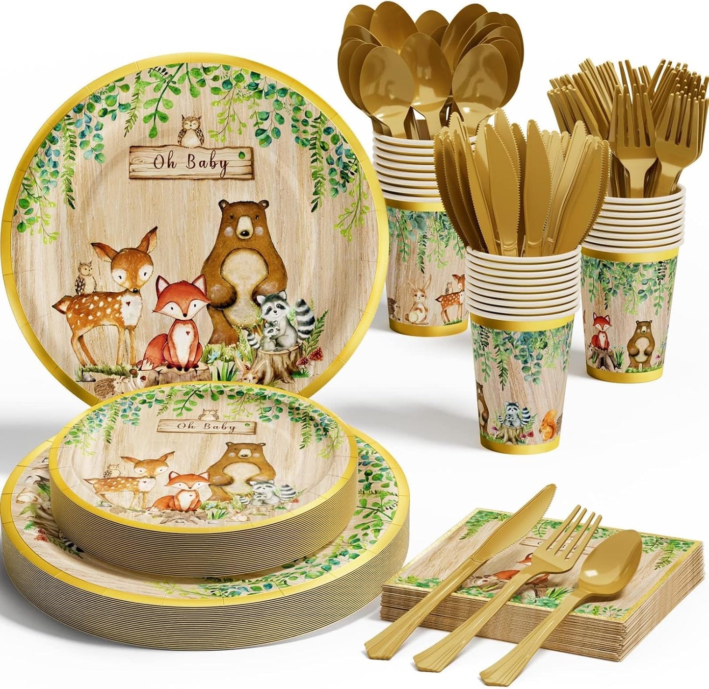 Ecomore Woodland Baby Shower Decorations Supplies - 175PCS Forest Animal Disposable Dinnerware Set (25 Guest) With Gold Paper Plates Cups Napkins Plastic Fork Knives Spoon for Baby Boy Birthday Party
