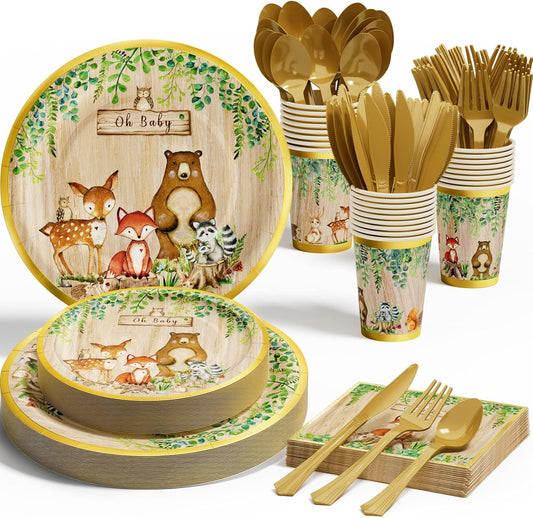 Ecomore Woodland Baby Shower Decorations Supplies - 175PCS Forest Animal Disposable Dinnerware Set (25 Guest) With Gold Paper Plates Cups Napkins Plastic Fork Knives Spoon for Baby Boy Birthday Party