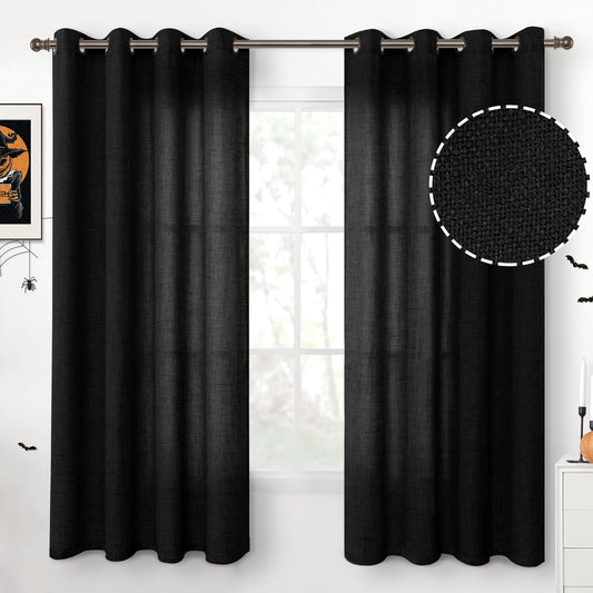 YoungsTex Black Linen Curtains 63 inch Length 2 Panels for Short Windows Bronze Grommet Drapes Light Filtering for Bedroom Living Room Gothic Decorative, 52 X 63 Inch