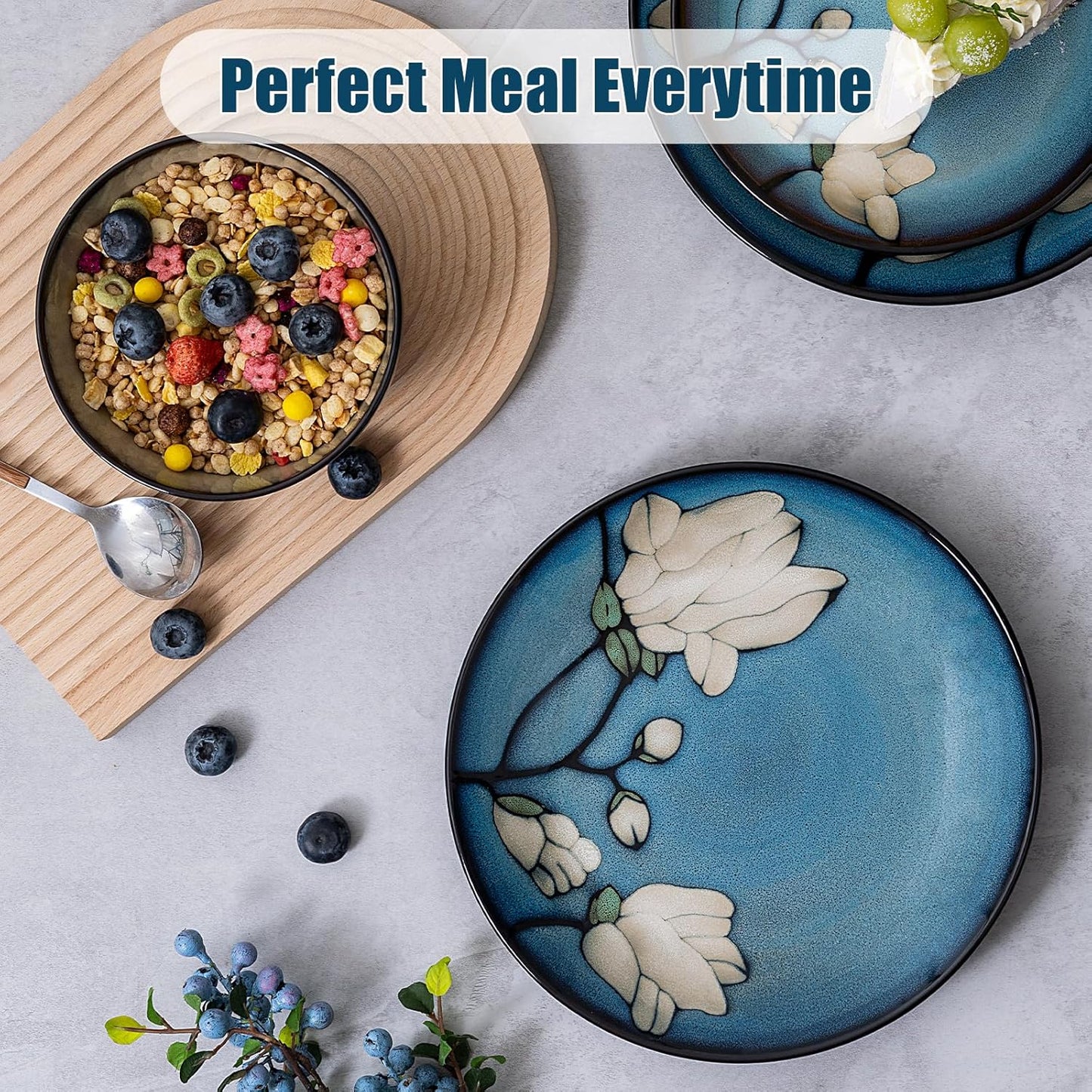 Dinnerware Set Blue Stoneware 12 Pieces Service for 4, Stoneware Plates and Bowls Set Highly Chip and Crack Resistant Stoneware Set, Dishwasher Microwave Safe Dishes set