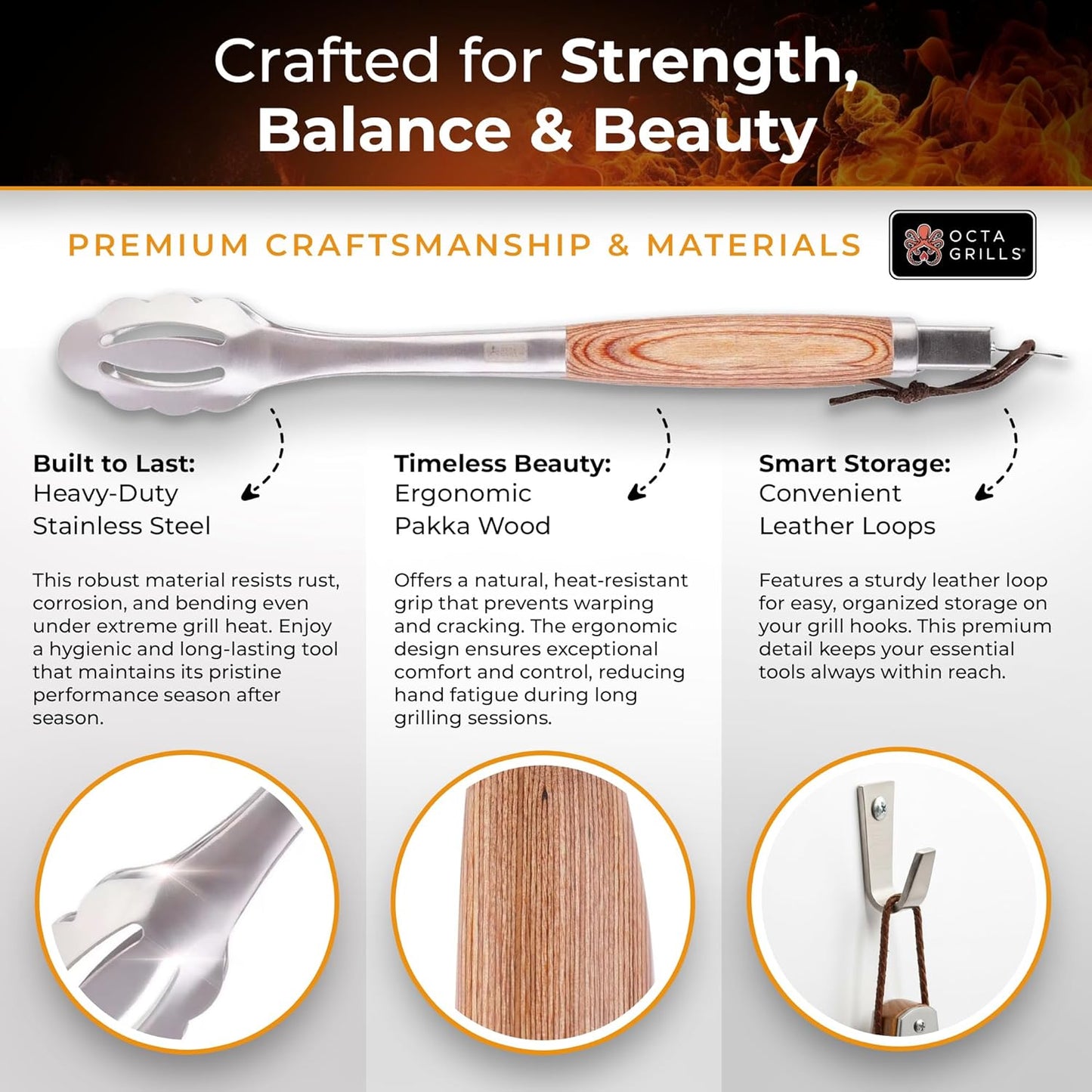 3-Piece BBQ Utensil Set – Premium Stainless Steel Grill Tools with Extra Wide Spatula - Pakka Wood Handles & Leather Hanging Loops (Spatula, Tongs & Fork)