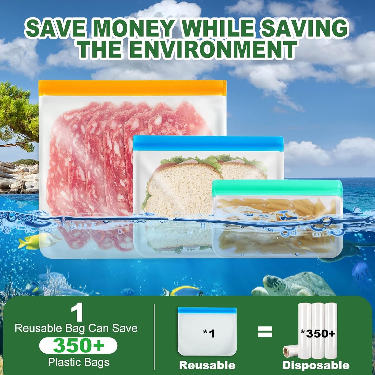 10 Pack Reusable Food Storage Silicone Bags, 3 Large Food Storage Bags Gallon Freezer Bags 4 Reusable Sandwich Bags 3 Snack Bags, Lunch Home Kitchen Fridge Organization Meal Prep Containers