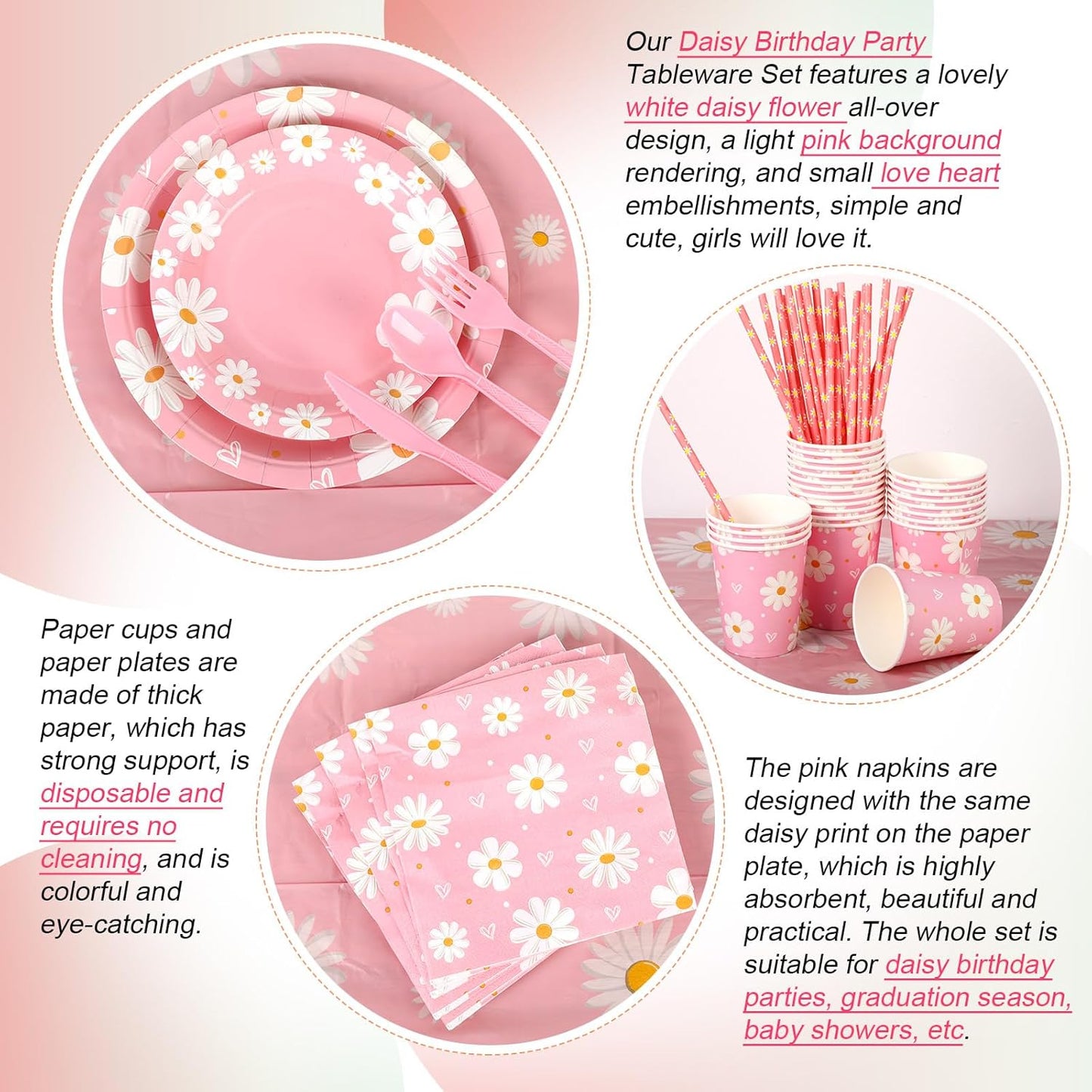 Sawysine 202 Pcs Daisy Happy Birthday Party Supplies Disposable Dinnerware Set 50 Plates 25 Cups 25 Napkins 25 Plastic Forks 25 Knives 25 Spoons 25 Straw Flag Tablecloth to Serve 25 Guests