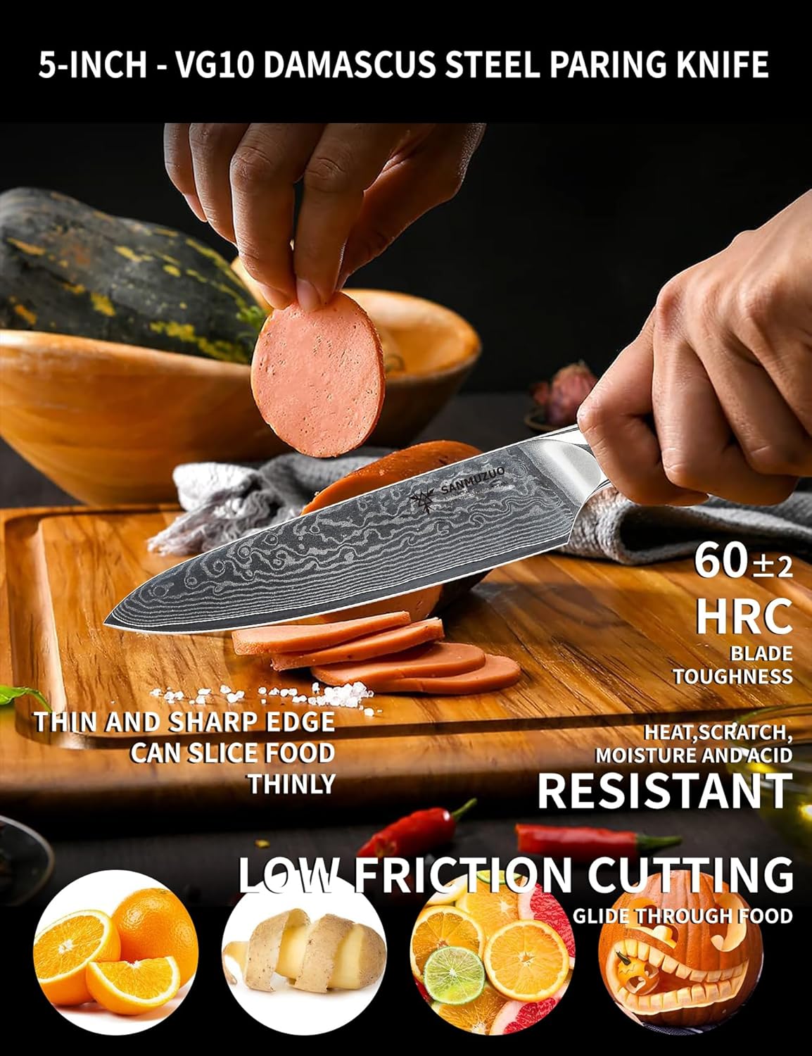 5 Inch Kitchen Utility Knife - Xuan Series Kitchen Knives - VG10 Damascus Steel with Resin Handle (Sunset Red)