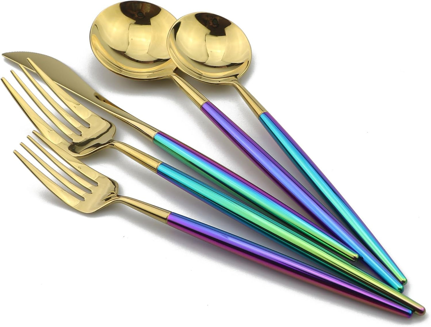 5-Piece Coloful Rainbow Handle Gold Flatware Set, Mirror 18/10 Stainless Steel, Service for 1