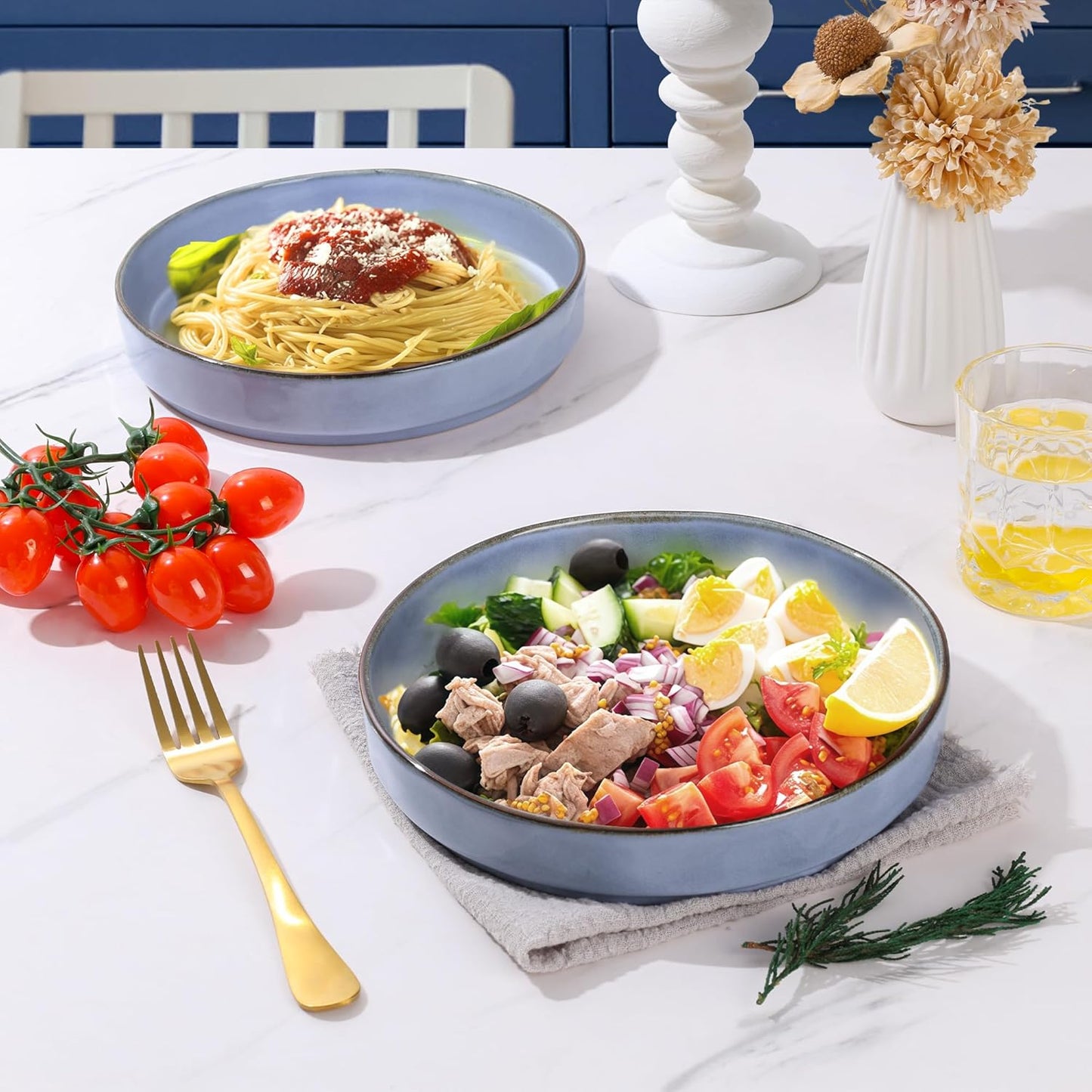 E-far Pasta Bowls Set of 4, 30oz Shallow Salad Bowls for Dinner Serving, 8.25" Stoneware Ceramic Bowl Plates for Noodle Soup, Microwave & Dishwasher Safe, Reactive Glaze, Blue