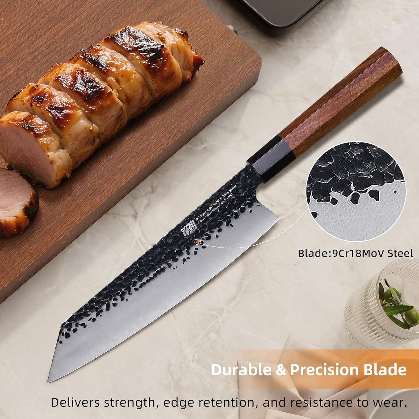 FINDKING Dynasty Series Japanese Kiritsuke Knife, Multi-Purpose Gyuto Chef knife, 9Cr18MoV High Carbon Steel Blade, African Rosewood Octagonal Handle, for Meat, Fruits, Vegetables,9 Inches