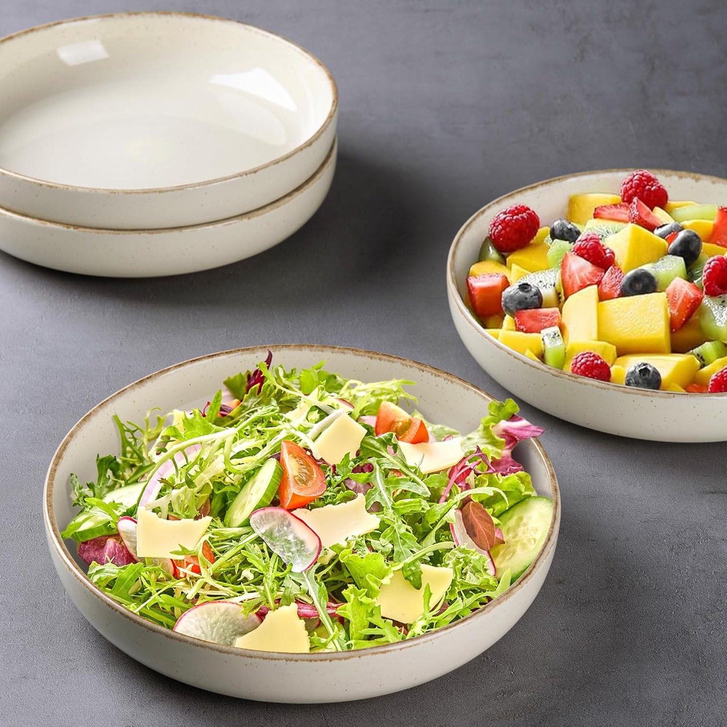 AmorArc 8.75'' Large Ceramic Pasta Bowls, 36oz Handpainted Stoneware Bowls Set of 4, Microwave&Dishwasher Safe Bowls with Wavy Rim&Rustic Terracotta Underside for Pasta Salad, Handbrush Rim