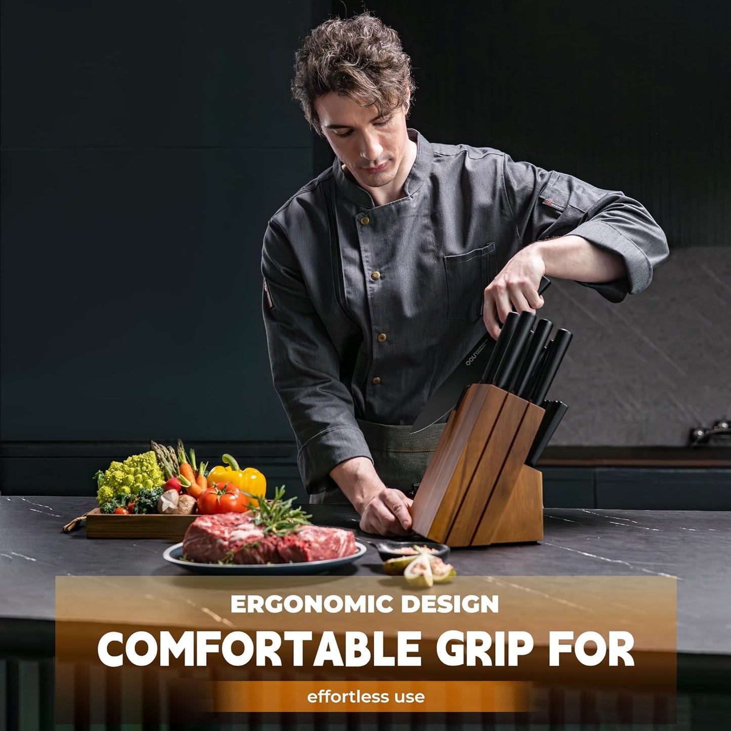 OOU Kitchen Knife Block Set - 15 Pieces High Carbon Stainless Steel Chef Knife Sets, Anti-Rust Black Knives Set with Built-in Sharpener Block, Walnut