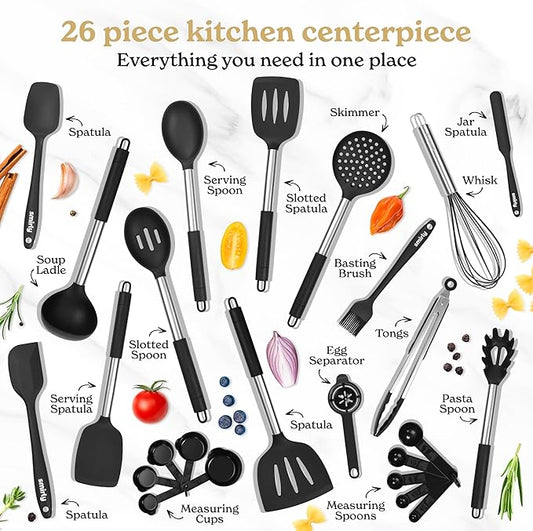 SMIRLY Kitchen Utensils Set – 26-Piece Silicone Cooking Utensils Set, Spatula Set with Holder, Stainless Steel Handle Silicone Kitchen Gadgets for Nonstick Cookware