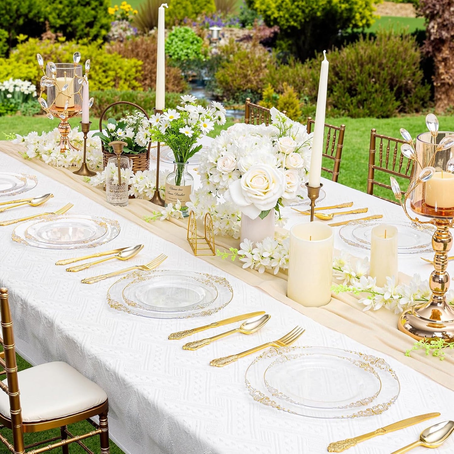 125PCS Clear Gold Plastic Plates - Fancy Clear Disposable Plates - Thanksgiving Plate with Gold Plastic Silverware Set for 25 Guests for Party & Wedding & Holiday