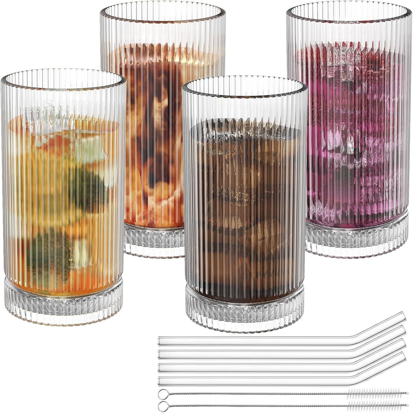 15 Oz Glass Cups with Straws, Vintage Glassware for Whiskey Cocktail Beer, Iced Coffee Cups and Drinking Glassare (4 PACK)