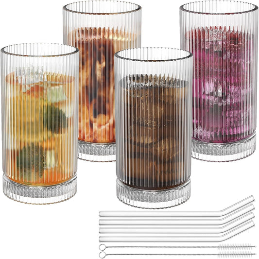 15 Oz Glass Cups with Straws, Vintage Glassware for Whiskey Cocktail Beer, Iced Coffee Cups and Drinking Glassare (4 PACK)