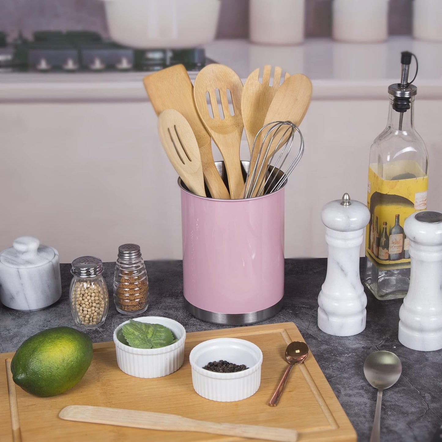 Creative Home Stainless Steel Utensil Holder– 6.3" Large Cooking Tool Organizer for Kitchen Decor and Countertop Storage, Stable Anti-Tip Design, Durable Powder-Coated Finish, Pink