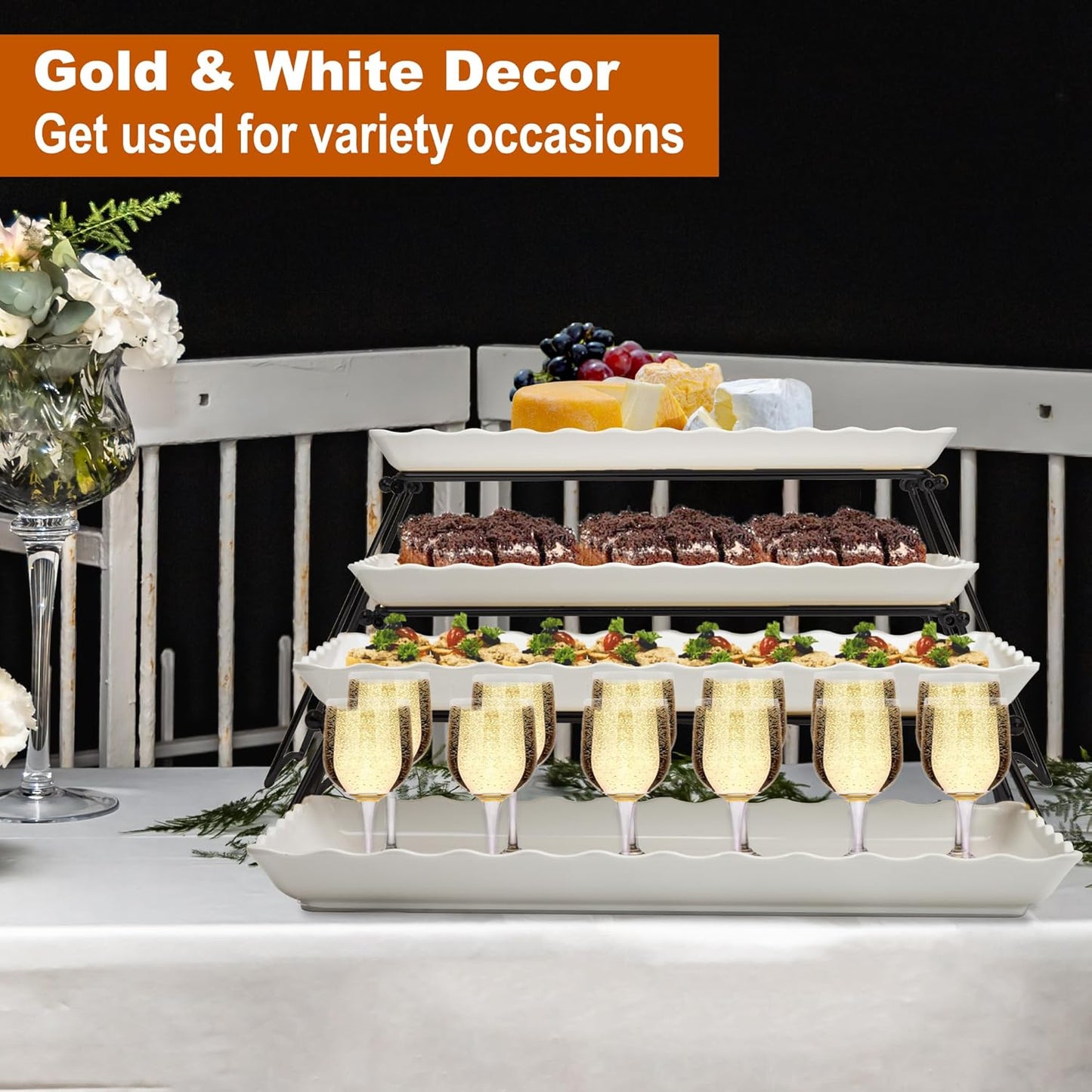 KAQAHIDO Extra Large 4 Tier Serving Tray Set, 34x22x10 inch Wave Edge Melamine Dessert Table Display Set, Tiered Trays Stand for Party Buffet Entertaining, Black and White