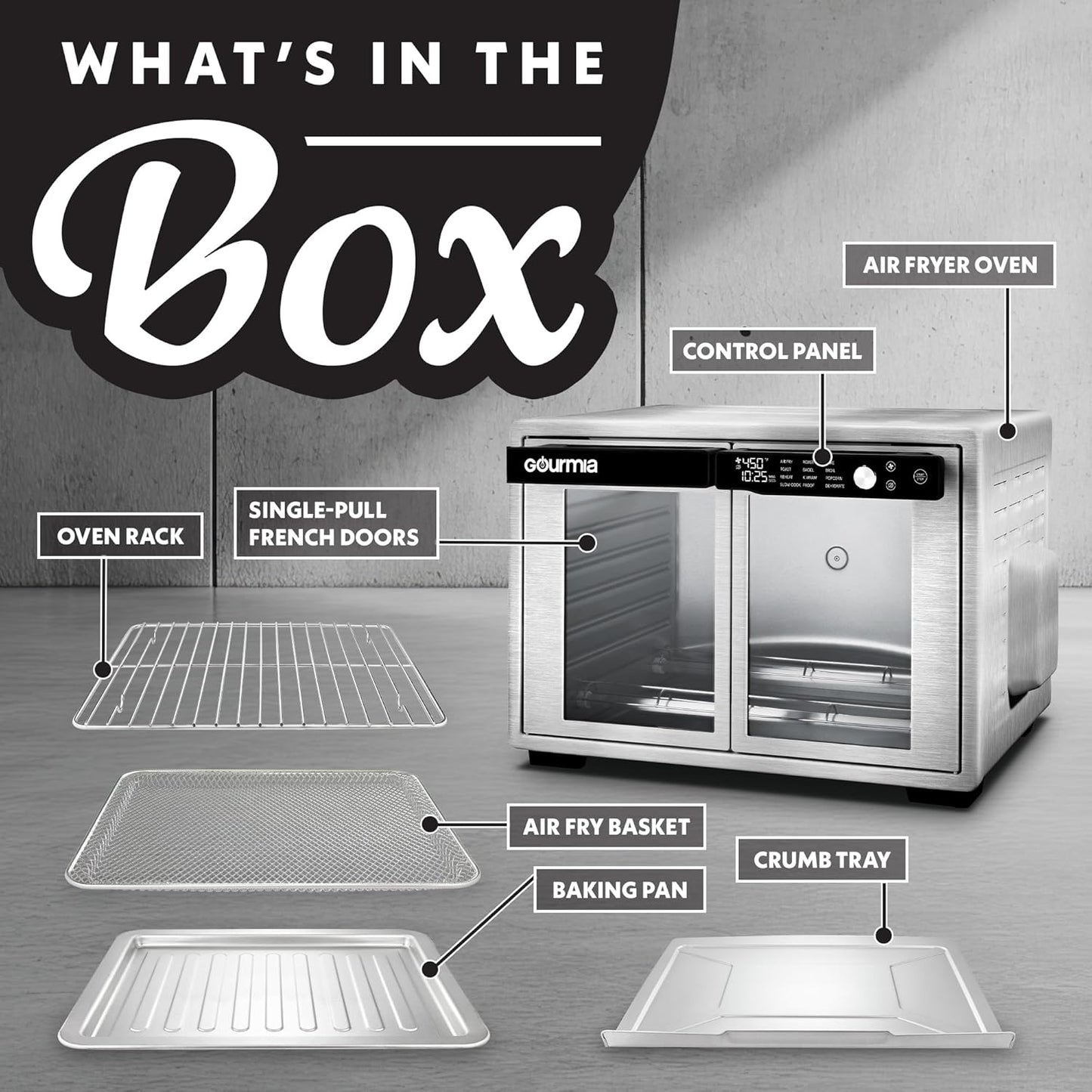 Gourmia French Door Digital Air Fryer Oven - XL 37QT Capacity, 12 Presets, FryForce 360° Tech, Dehydrate, Proof, Slow Cook, Fits 13” Pizza, 1700W, Stainless Steel