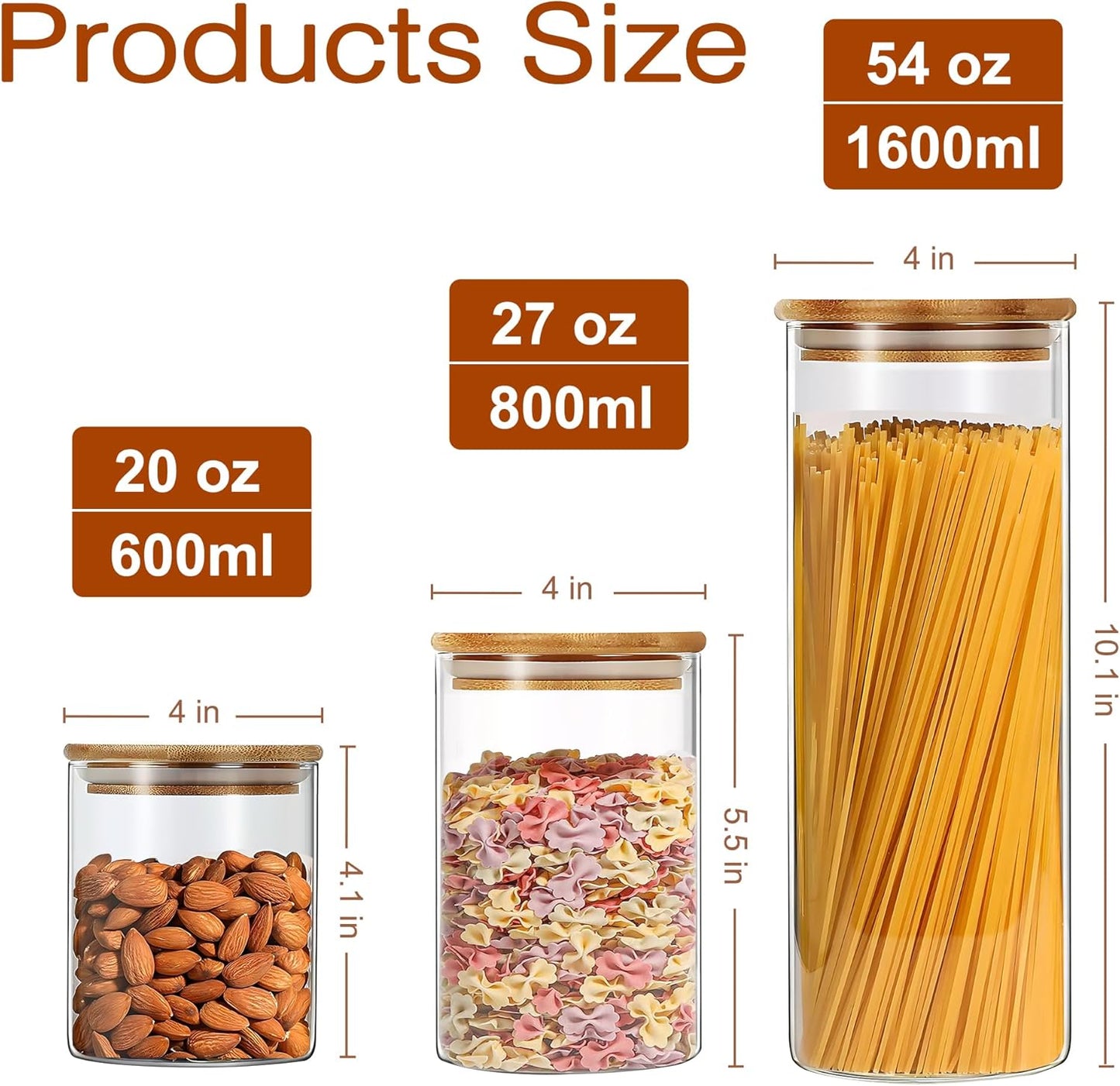 Glass Food Storage Jars Set of 5 with Bamboo Lid Airtight Glass Storage Canister, Cylindrical Kitchen Clear Food Storage Container Jar, for Pasta, Coffee, Cookies, Nuts, Cereal, Oats, Flour