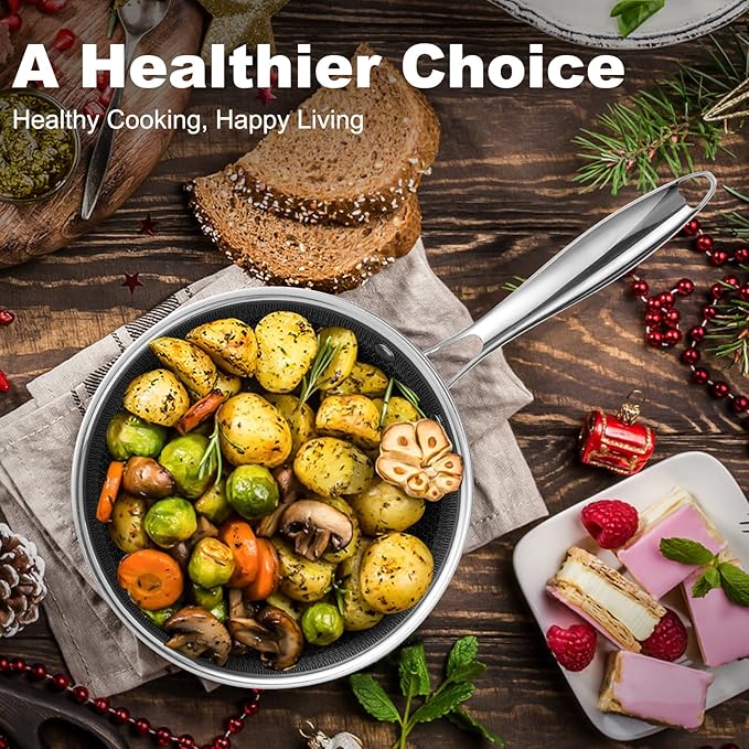 8 Inch Hybrid Non Stick Frying Pan Set Skillet Stainless Steel Skillet Chef's Pan with Matching Lid, PFOA-Free Non-Toxic Cookware, Dishwasher & Oven Safe, Induction Compatible All Cooktop