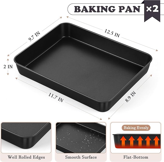 E-far 12.5 x 9.7 Inch Baking Pan Set of 2, Nonstick Stainless Steel Rectangle Cake Pans for Baking Brownies Casseroles Lasagna, Stainless Steel Core & Nonstick Coating, Non-toxic & Oven Safe