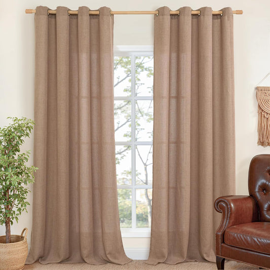 YoungsTex Linen Curtains 95 Inches Length, Mocha Textured Light Filtering Semi Sheer Drapes with Bronze Grommet for Short Living Room Bedroom, 2 Panels, 52 X 95 Inch