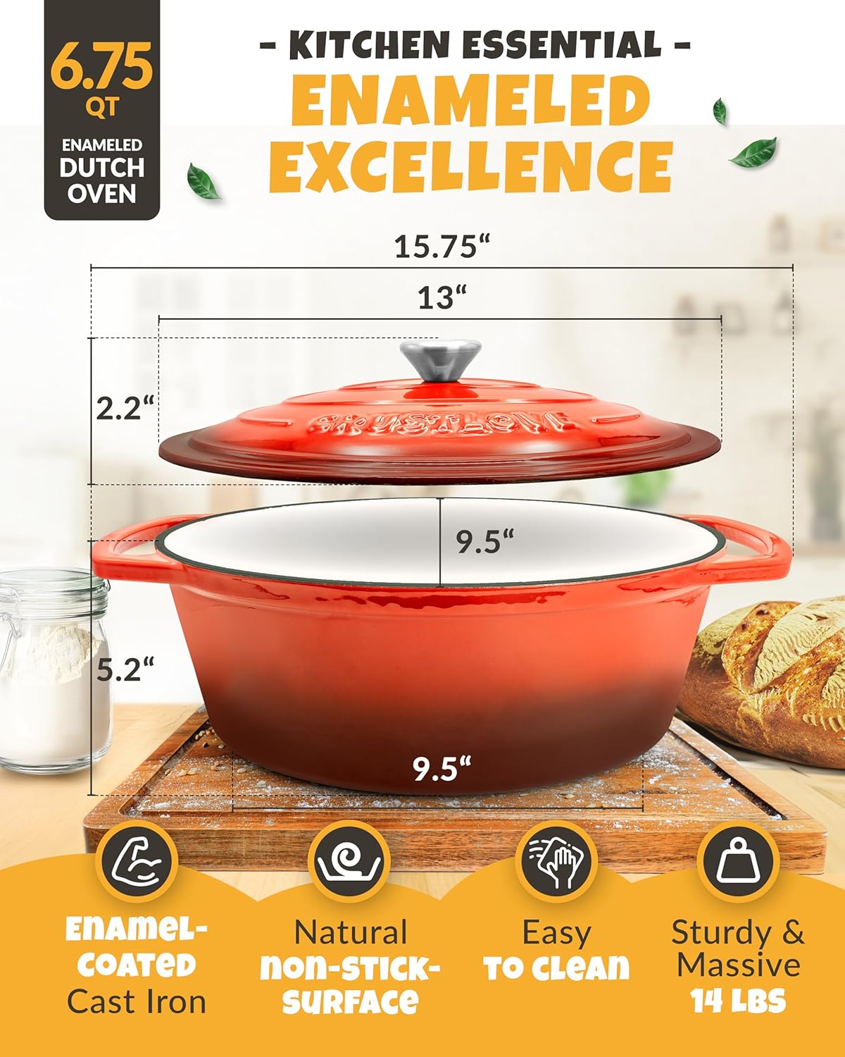 Dutch Oven for Bread Baking - incl. Sourdough Bread-Baking Supplies like Banneton Bread-Proofing Basket - 6.75QT Enameled Oval Cast Iron Bread-Oven with Lid, Bread-Pan Sour Dough Starter Kit