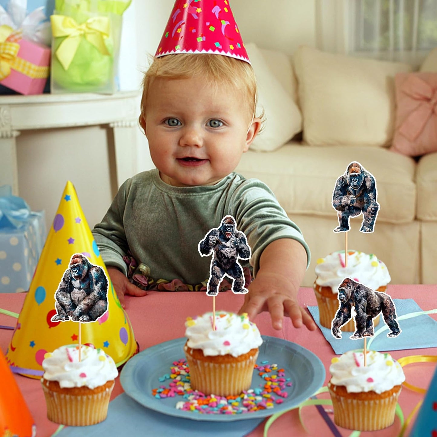 24 Pcs Gorilla Cupcake Toppers Gorilla Theme Party Birthday Cake Decorations, Party Supplies Decorations Baby Shower Cake Decoration