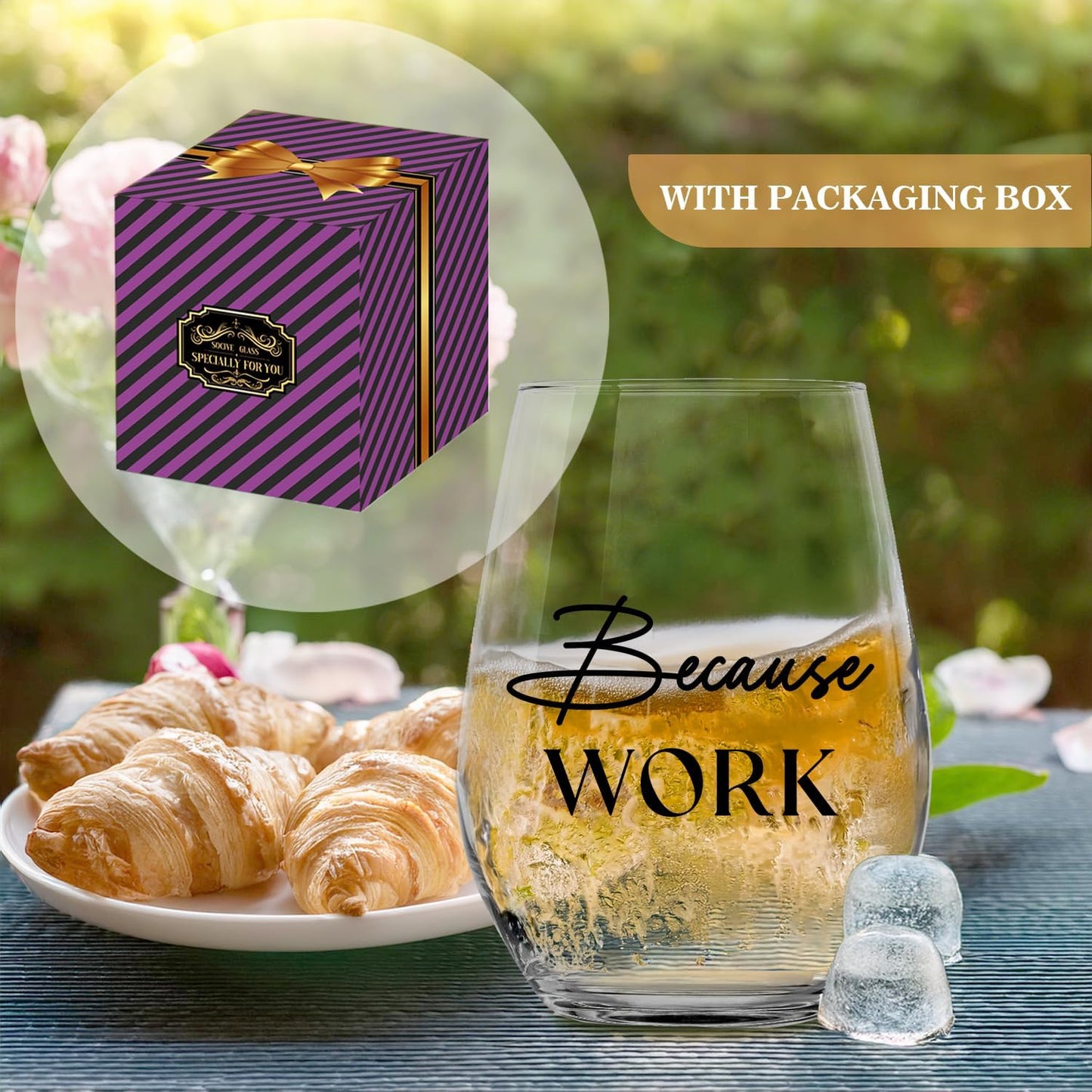 Because Work Funny Stemless Wine Glass 15oz, Unique Wine Glasses for Women, Coworker & Boss Lady Gifts, Funny Wine Glasses, Birthday Gag Gifts for Men, Women, Employee, Staff, Father's Day
