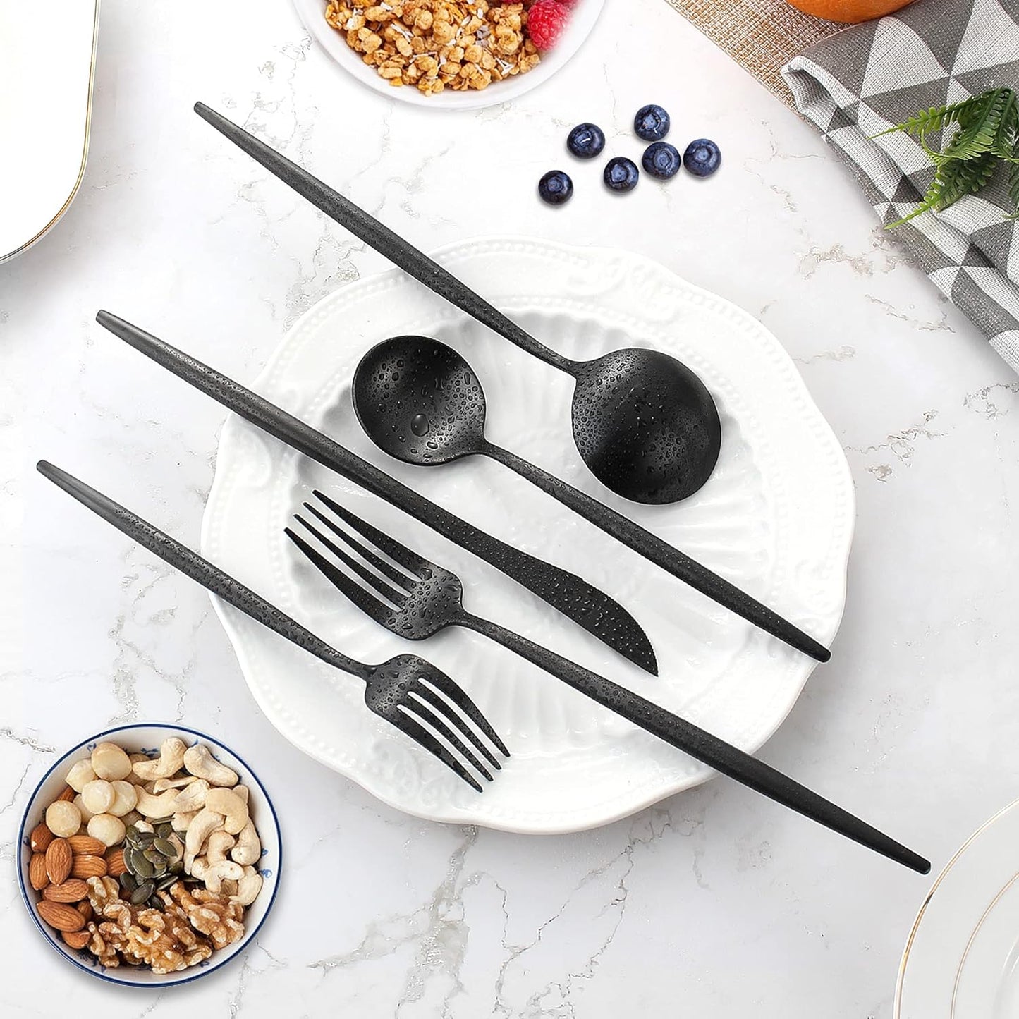 Matte Black Silverware Set for 12, IBIILII JEFF 60 Pieces Stainless Steel Flatware Set，Kitchen Utensil Set, Tableware Cutlery Set, Knife Spoons And Forks Set, Satin Finished Polished & Dishwasher Safe