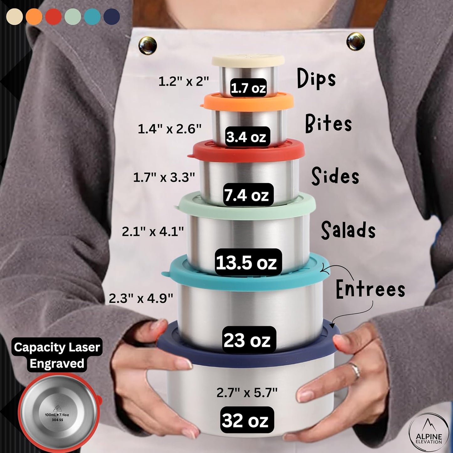 12 Pcs - 6 Stainless Steel Containers + 6 Silicone Lids | 304 Stainless Steel Snack Container | Nesting Snack and Dip Containers | Metal Food Storage