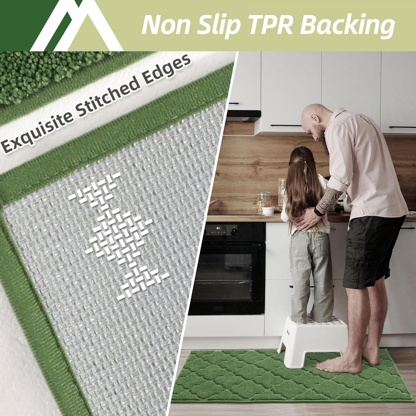 COSY HOMEER Soft Kitchen Rugs [2 PCS] for in Front of Sink Super Absorbent Kitchen Floor Mats and Mats 24x35 Inch/24X60 Non-Skid Kitchen Mat Standing Mat Washable,Polyester,Green