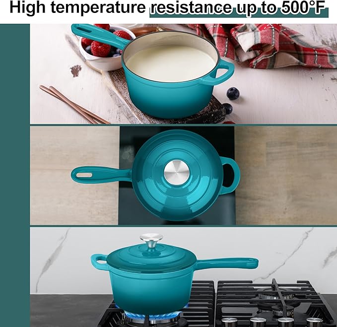 3 Quart Sauce Pan with Lid, Leonyo Enameled Cast Iron Sauce Pot, Large Cast Iron Pot Dutch Oven Kitchen Cookware for All Cooktops Cooking Pasta, Soup, Milk - Up to 500°F & 8bs, Lake Green