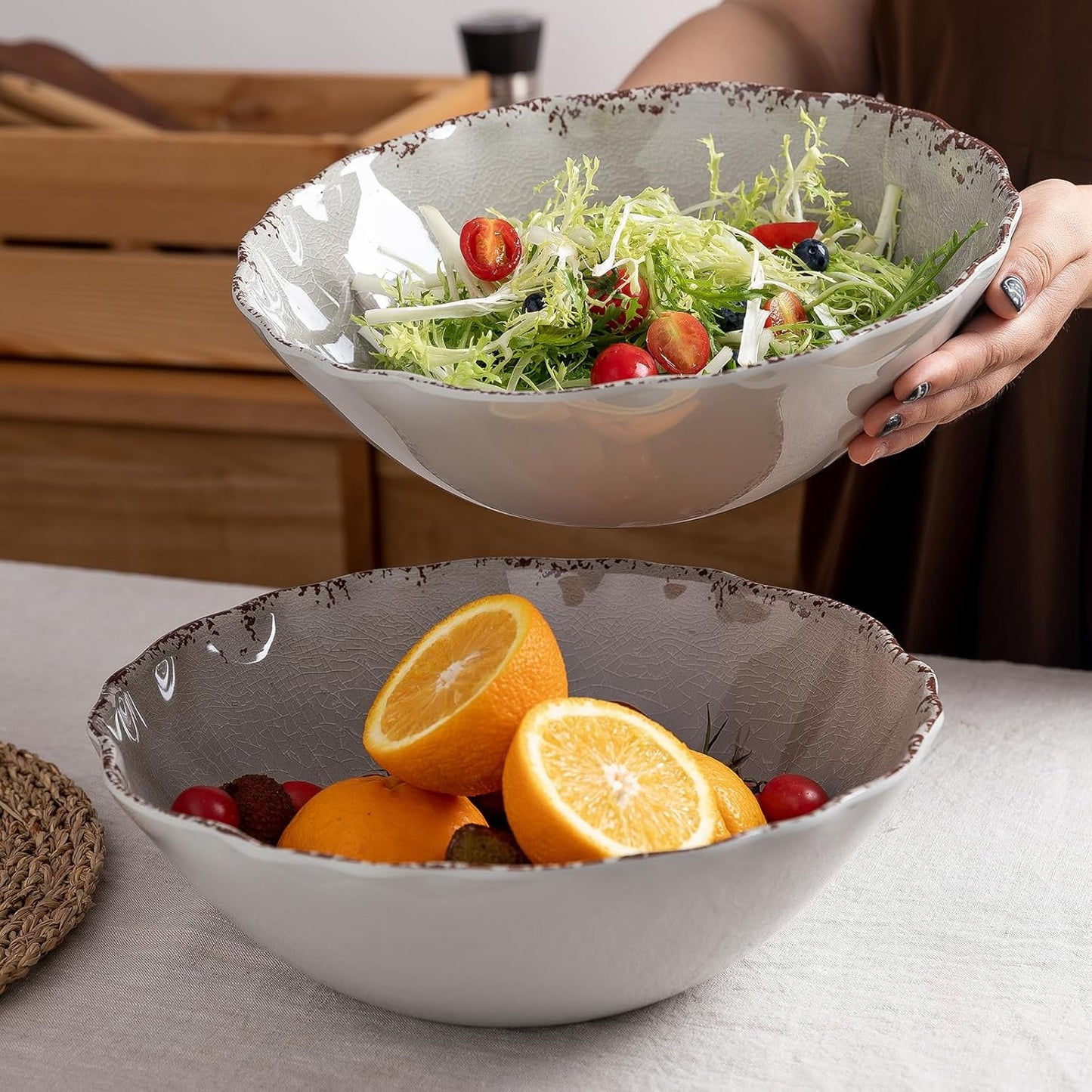 LEHAHA Farmhouse Melamine Serving Bowls,Set of 2, 130 OZ Break Resistant Large Deep Salad Bowls, BPA Free Large Bowl for Serving Salad, Fruit, Vegetables and Food Storage, 12" x 4", Gray