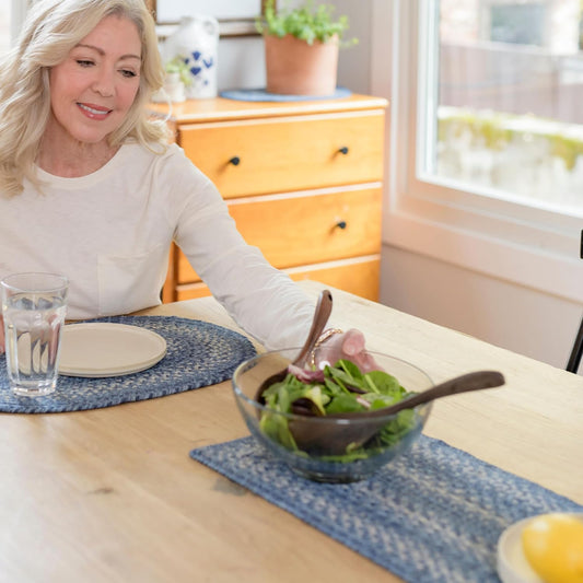 Homespice Denim Jute Braided Small Table Runners, Coastal Country Decor, Set of 2, Blue Rectangle 8x28 - Rich Colors, Easy to Clean, Durable and Protects Furniture
