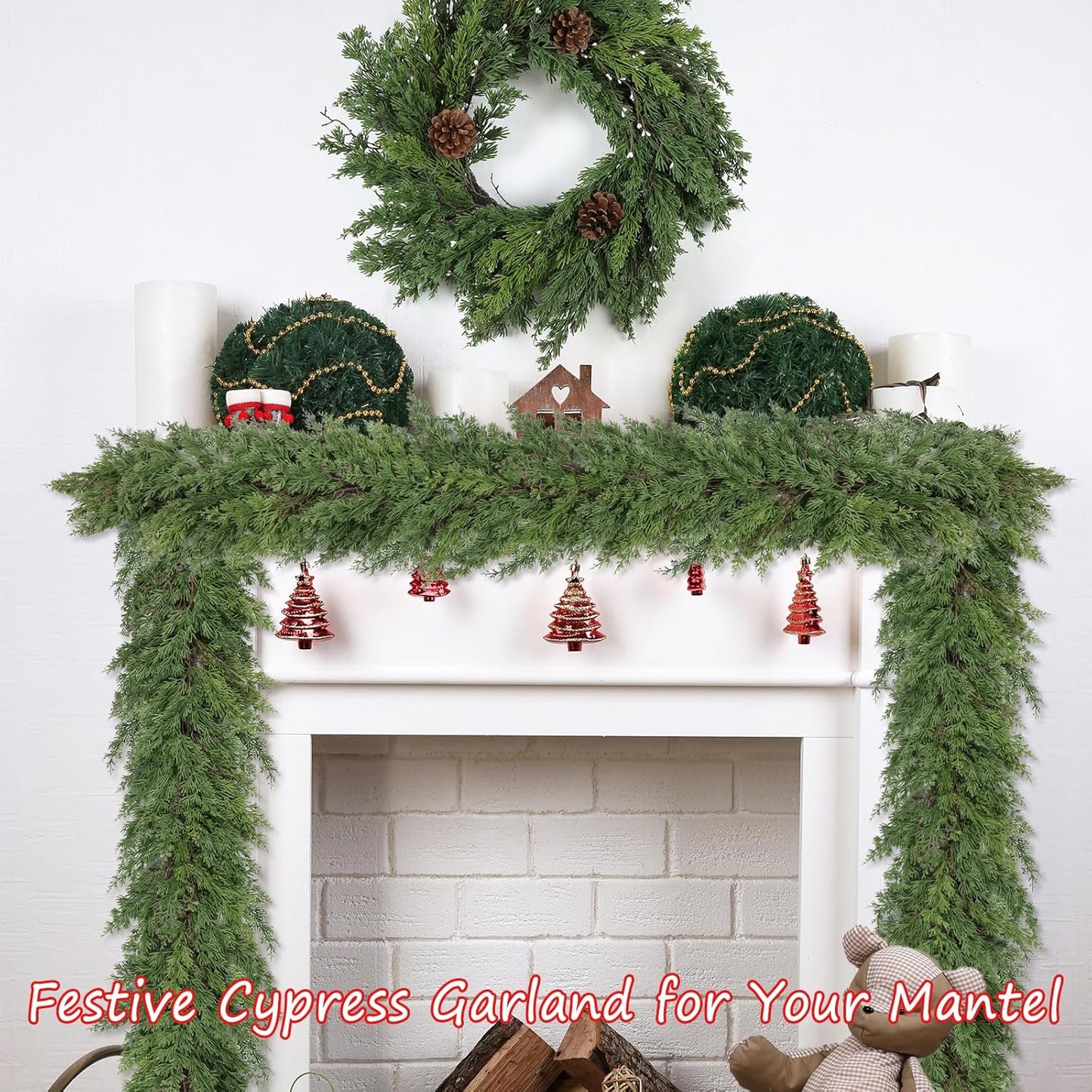 Artgar 9 Ft Christmas Cedar Garland - Realistic Greenery Cypress Garlands - Real Touch Artificial Pine Garland Christmas Decorations for Outdoor Home Dining Table Mantel Stair Porch Winter Xmas Decor