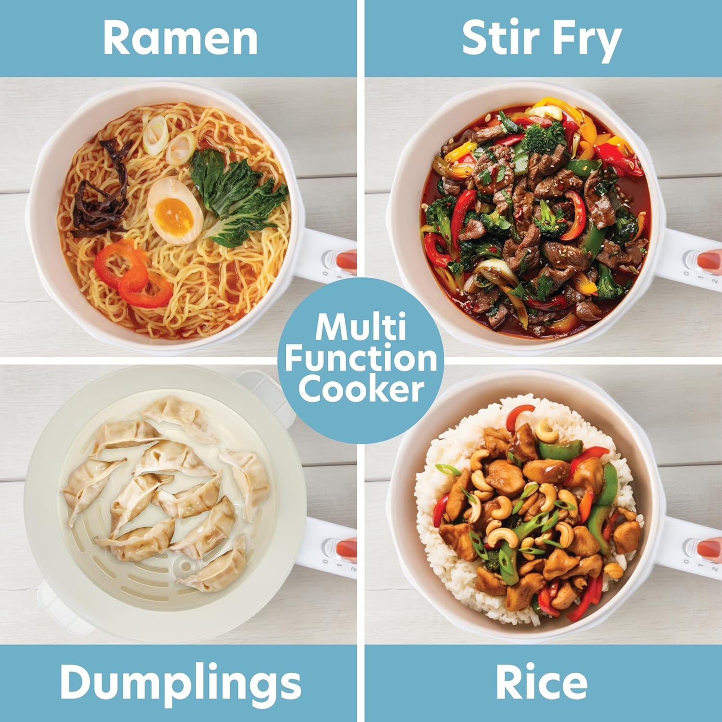 Multi Function 3 in 1 Hot Pot Cooker (1.5L)- Electric Nonstick Dumpling Steamer, Rice Cooker & Stir Fry Maker in One Machine- Make Perfect Ramen Noodles- Must- Have Dorm, Kitchen or College Essential