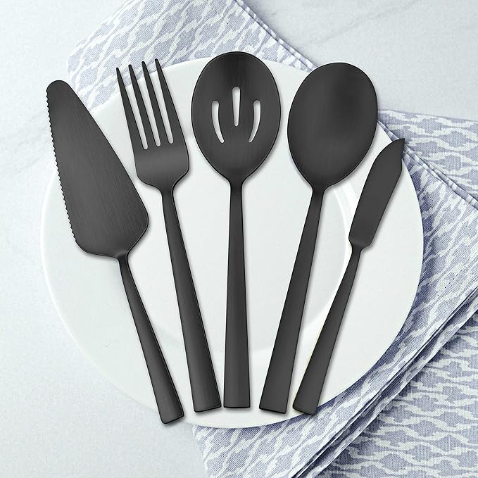 Herogo 5-Piece Matte Black Stainless Steel Serving Utensils Set, Metal Square Hostess Serving Set for Catering Banquet Buffet Party Camping Kitchen Restaurant, Dishwasher Safe
